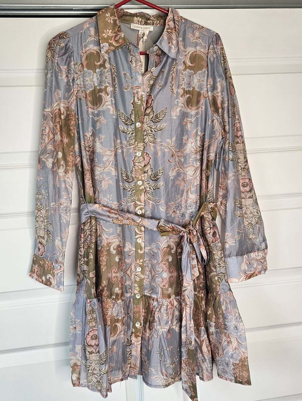 NWT Lucky & Coco Paisley Patchwork Mini Shirt Dress Medium Sheer Sleeve